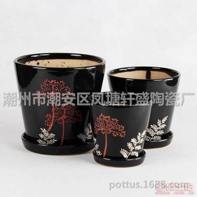 【厂家直销室内桌面台上阳台办公桌套三陶瓷花盆-001印花黑】潮州市潮安区凤塘轩盛陶瓷厂 - 产品库